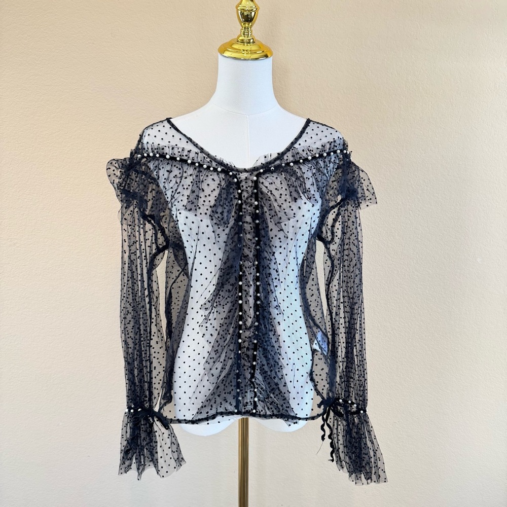 NWT BEULAH Black Sheer Mesh Polka Dot Top Women M Pearl Velvet Trim Long Sleeve